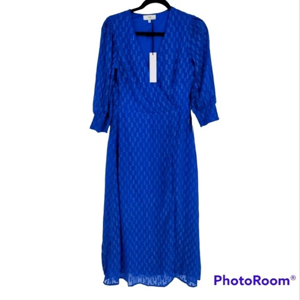 NSR Blue‎ Metallic 3/4 Sleeve Midi Length Sheer Bottom Faux Wrap Dress Medium